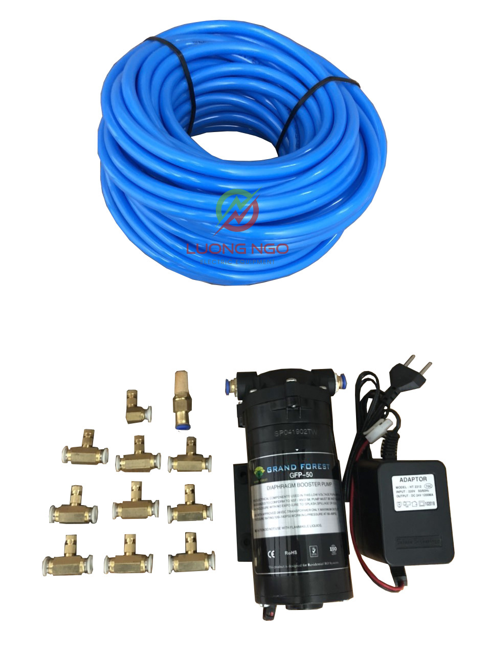 Combo bơm phun sương 24v điều áp + nguồn + 10 pép phun sương + 20 mét dây + lọc