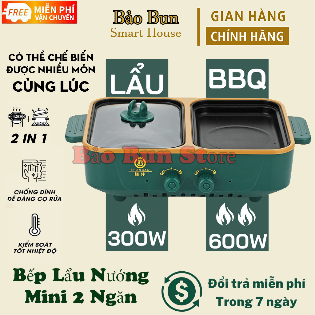 Bếp Lẩu Nướng Mini 2 Ngăn SHABAN Cao Cấp 2 In 1 Siêu Chống Dính, Đa Năng, Tiện Lợi, Bảo Hành 12 Tháng