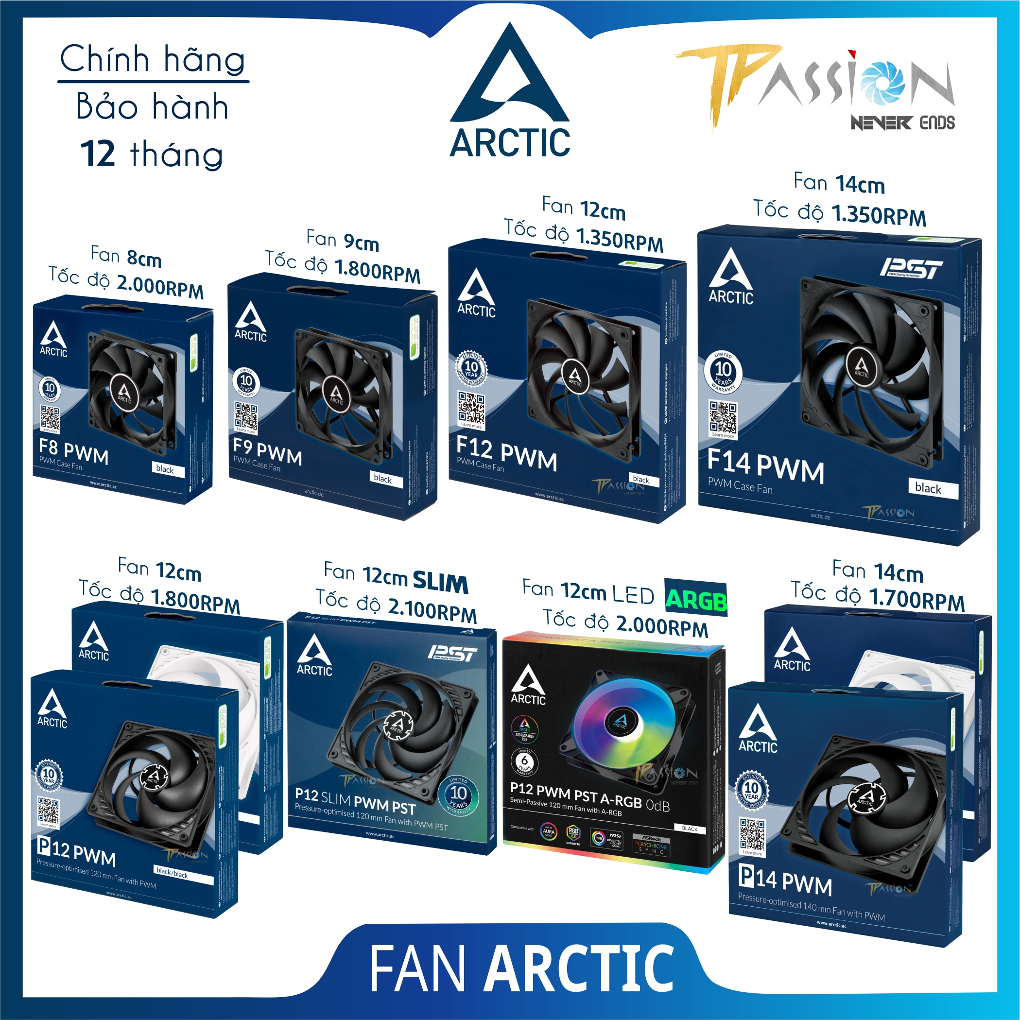 [HCM] Quạt tản nhiệt Fan Case Arctic F8, F9, F12, F14, P12, P12 White, P12 Max, P14 PWM PST, BioniX, Slim - Chính hãng, quay êm, bền
