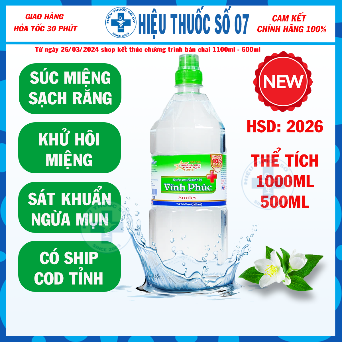 Nước muối sinh lý vĩnh phúc 1000ml natri clorid 0,9%