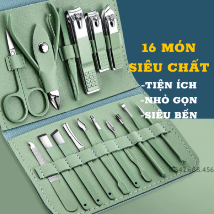 Bộ dụng cụ cắt móng tay 16 món bằng thép không gỉ, Bấm dũa móng tay chân kèm bao da đựng cao cấp OKACHI