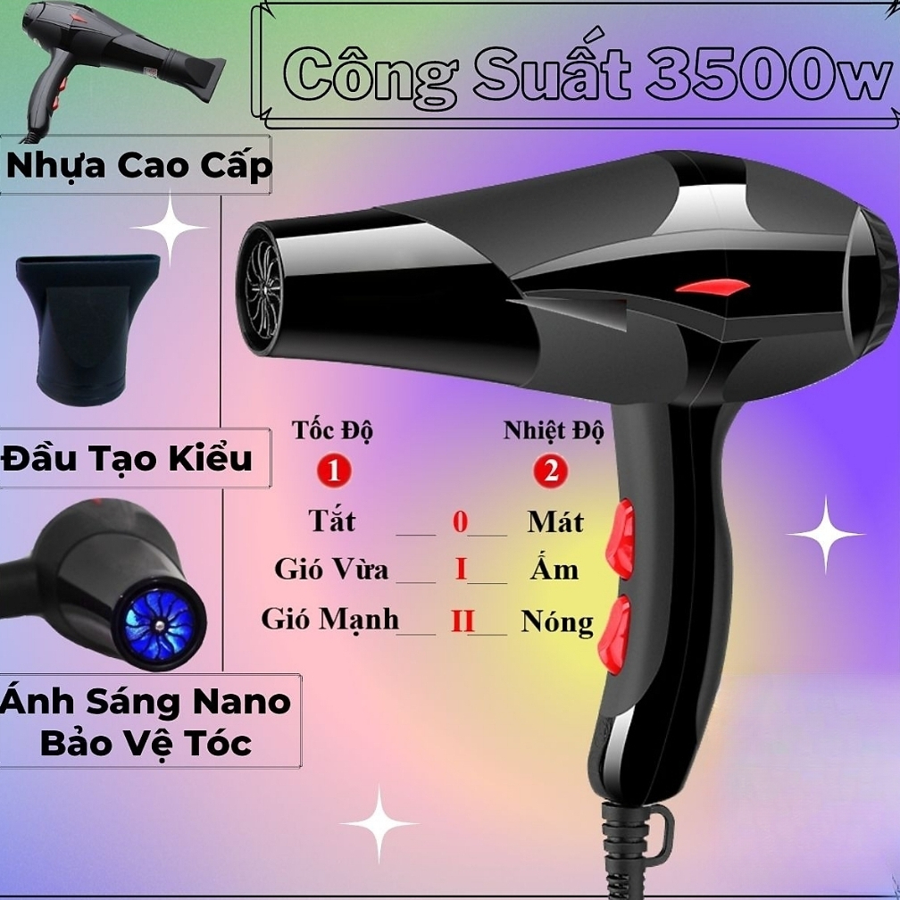 Máy sấy tóc công suất  lớn 3500w  ion ánh sáng xanh NANO giúp tóc nhanh khô và bảo vệ tóc khỏi  bị hư tổn có 2 chế độ nóng lanh kèm ống tạo kiểu -- Hàng Loại 1