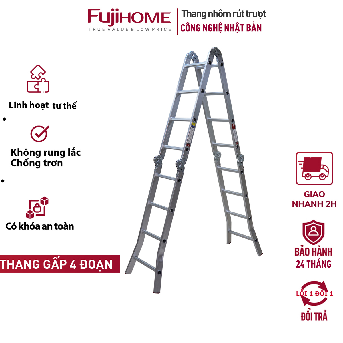 Thang nhôm gấp 4 đoạn Nhập Khẩu 3.4M- 3.7M  đa năng FUJIHOME ML103, thang chữ M xếp gọn 4 khúc gia đình aluminum ladder- Bảo hành 1 năm