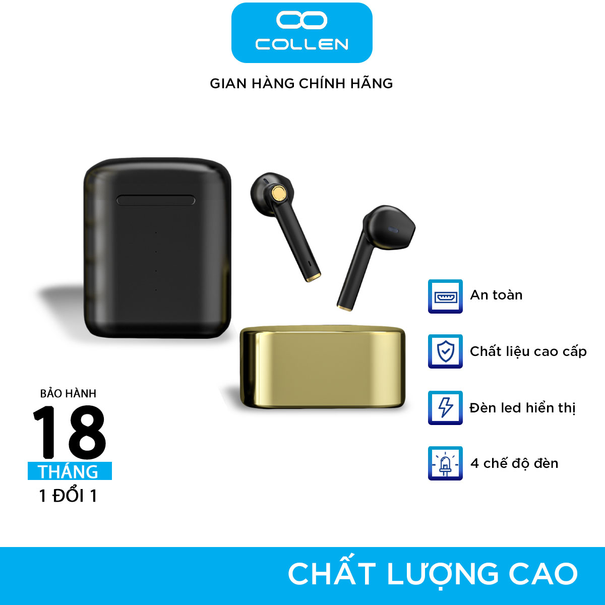 Tai nghe bluetooth, tai nghe limited black gold, tai nghe không day, chính hãng #collen