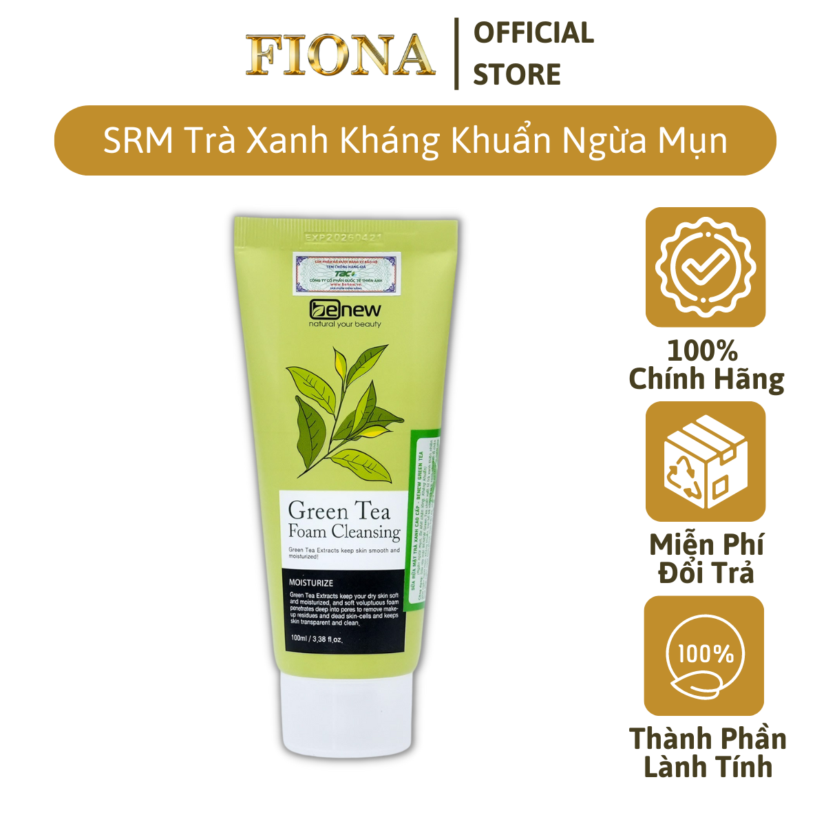 Sữa Rửa Mặt Trà Xanh Ngừa Mụn Benew Green Tea Foam Cleansing 100ml, Không Gây Kích Ứng Phù Hợp Mọi Loại Da.