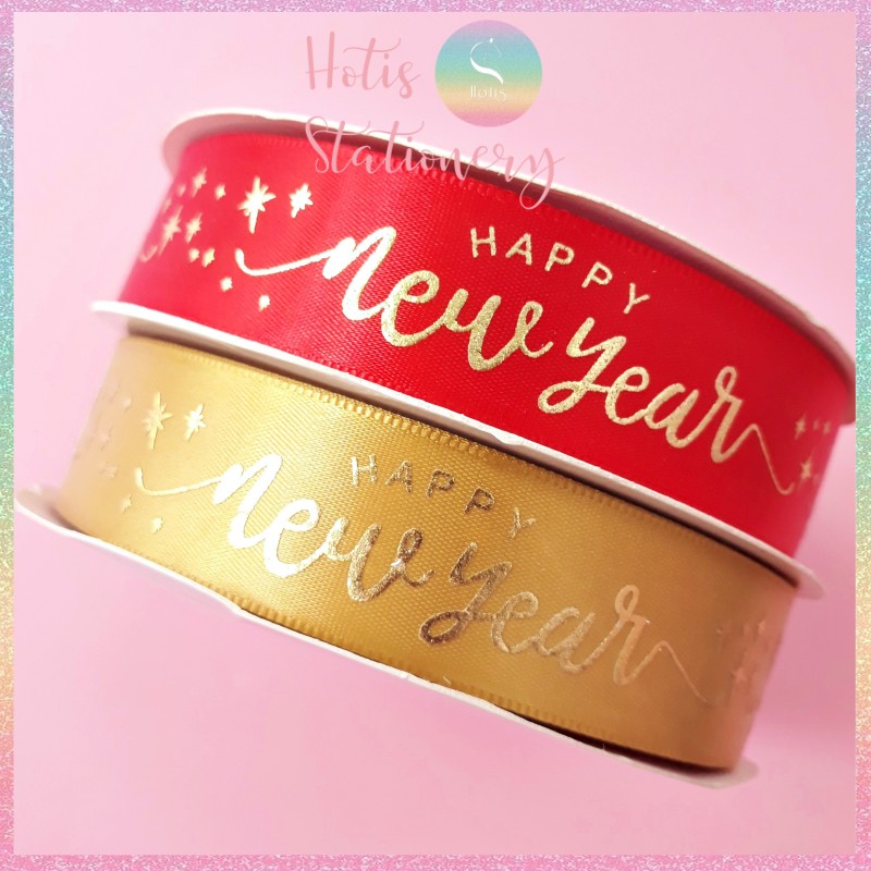 Lẻ 1m / 5m - ruy băng lụa ép kim chữ nổi happy new year - bản rộng 2.5cm