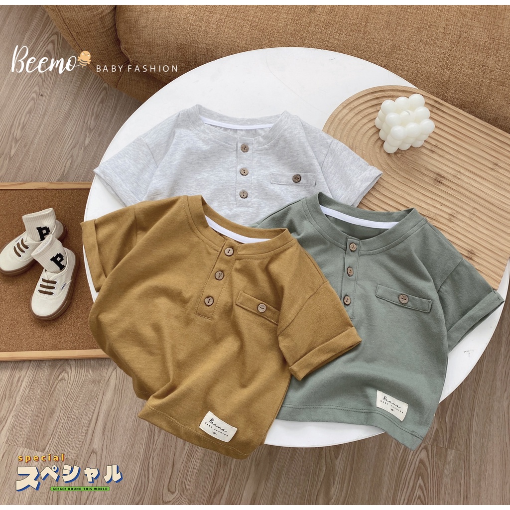 Áo thun bé trai phong cách Hàn Quốc, Áo phông Beemo đính cúc dừa cộc tay Beemo cho bé,