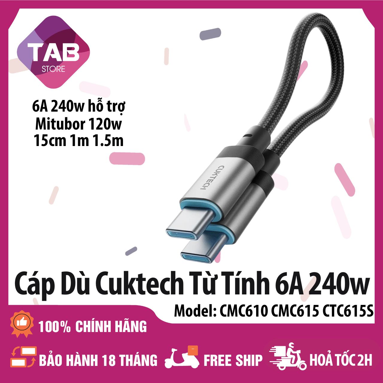 Cáp Dù Cuktech Ngắn Hít Từ Tính C To C 6A 240w Hỗ Trợ Mi Turbro CMC610 CMC615 CTC615S - Bảo Hành 18 Tháng