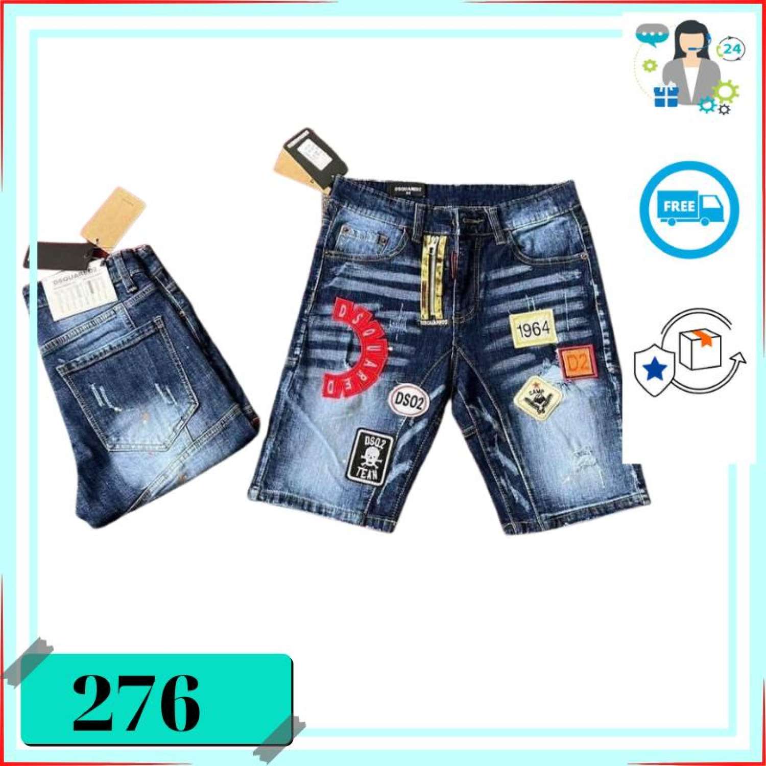 Ms276 - Quần short jeans nam xanh thêu logo đẹp siêu nét