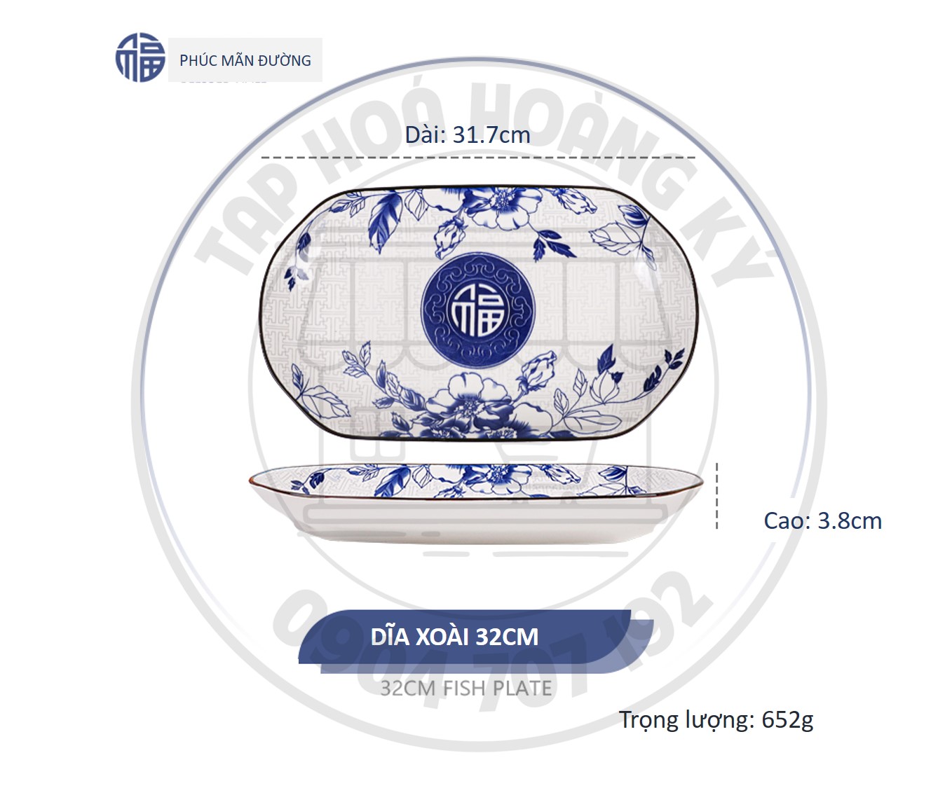 Dĩa xoài gốm sứ hoa văn chữ phúc 32cm