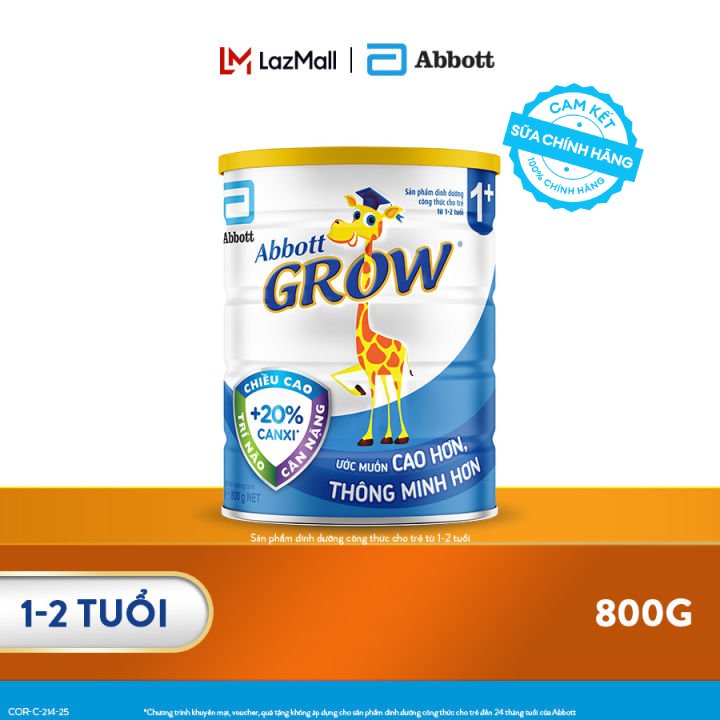Sữa bột Abbott Grow 1+ 800/850g cho trẻ 12-24 tháng cung cấp đầy đủ dưỡng chất bổ sung canxi giúp răng chắc khỏe và tăng chiều cao vượt trội-Giới hạn 5 sản phẩm/khách hàng