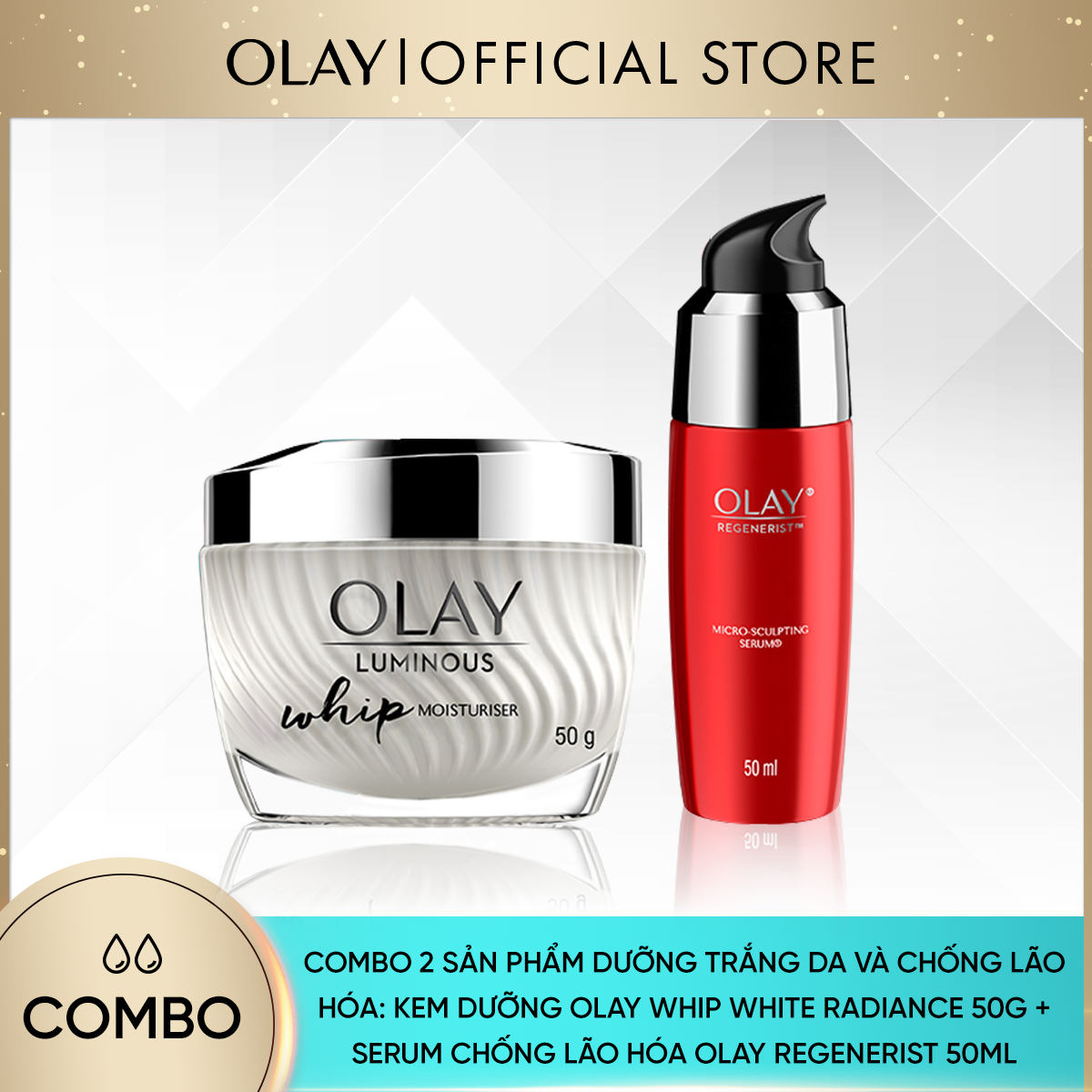 [25-30.11 DEAL SỐC ĐƠN 749K TẶNG 4 QUÀ] Combo 2 Sản Phẩm OLAY Dưỡng Trắng Da Và Chống Lão Hóa: Kem Dưỡng Ẩm Mỏng Nhẹ 50g + Tinh Chất 50ml [Số lượng quà có hạn]