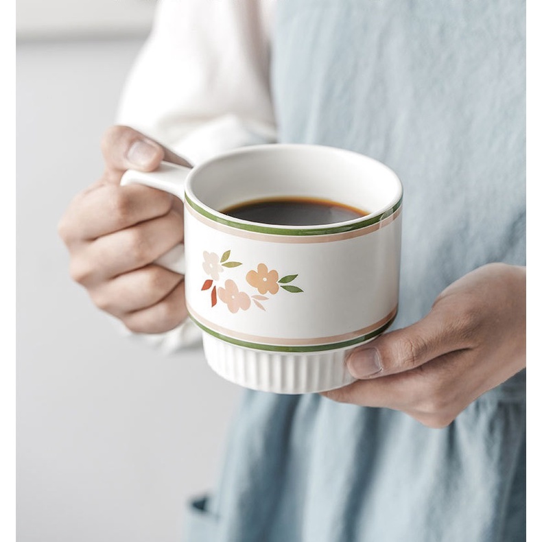 Cốc sứ uống trà, cafe 320ml in hình hoa phong cách vintage
