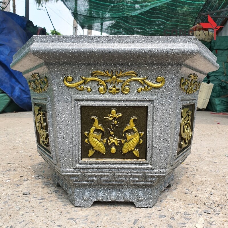 khuôn đúc chậu lục giác 45 hoa văn tài lộc và cá chép