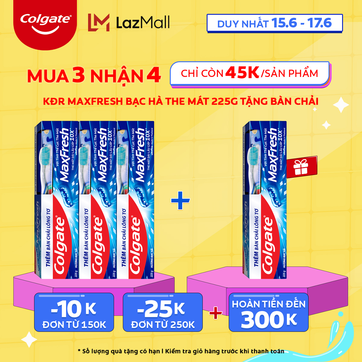 Duy nhất 1517.6 Mua 3 nhận 4 Voucher 25k Bộ Kem đánh răng Colgate MaxFresh bạc hà the mát 225g /tuýp tặng bàn chải đánh răng lông mềm