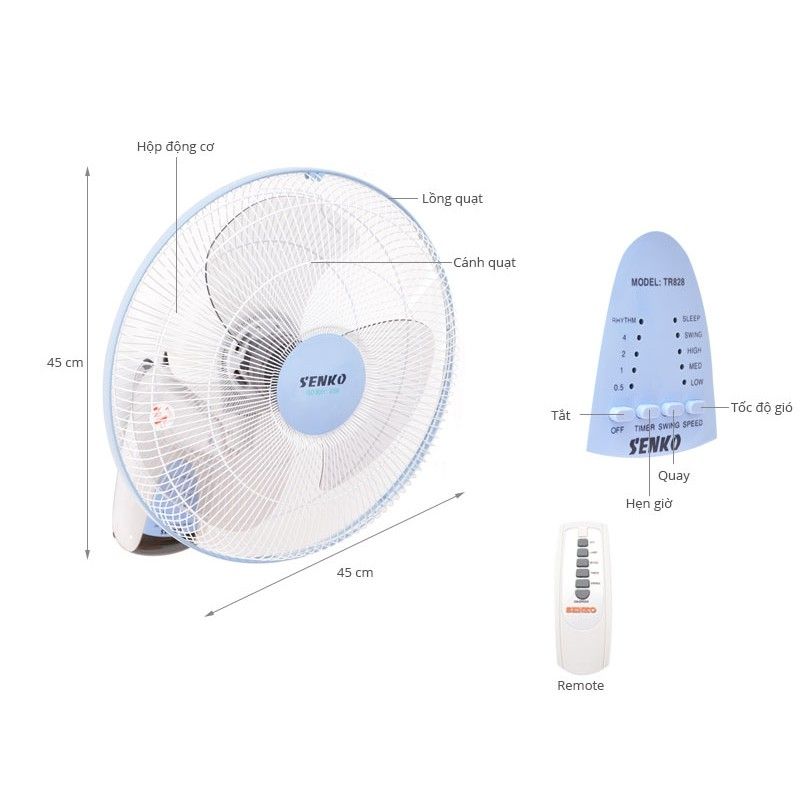 Quạt treo tường điều khiển từ xa Senko TR-1628( Có Remote )