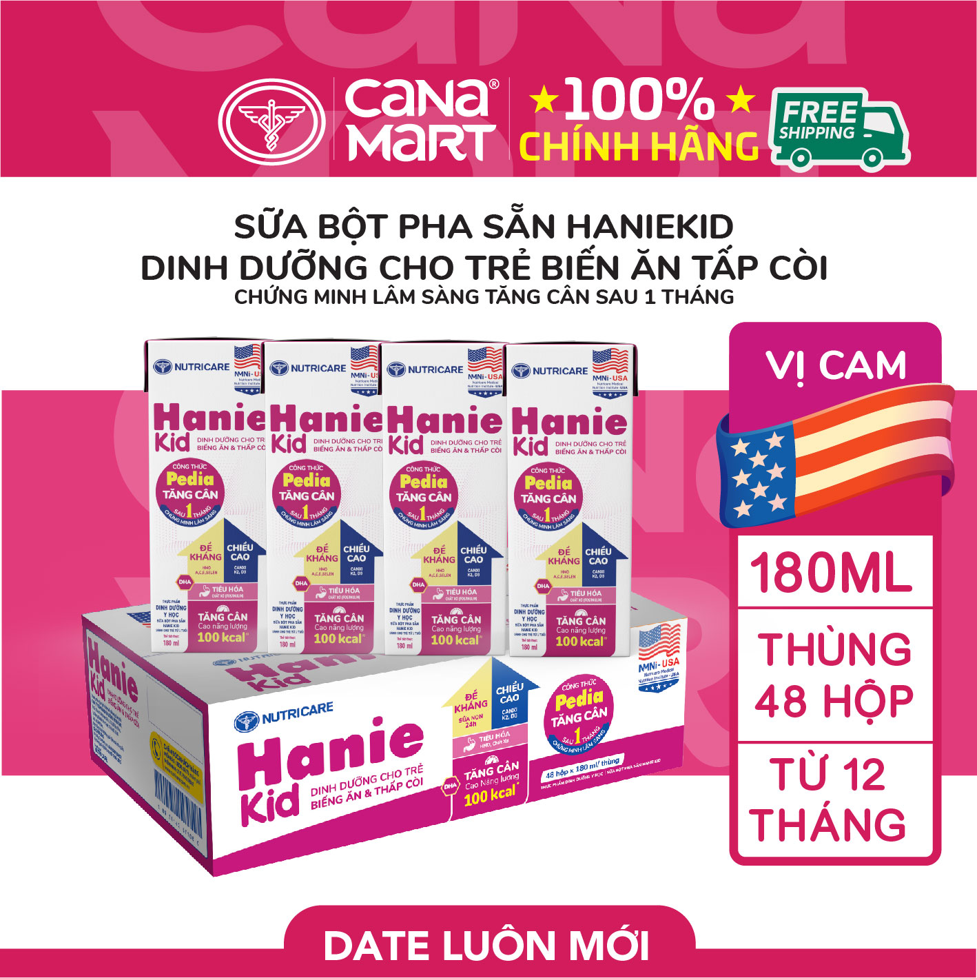 Thùng sữa bột pha sẵn Nutricare Hanie Kid cho trẻ biếng ăn suy dinh dưỡng (180ml)