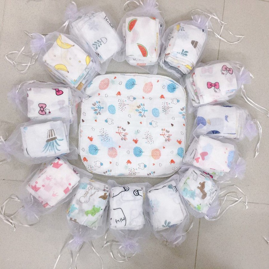 Set 10 khăn sữa aden sơi tre họa tiết dễ thương 32x32cm loại 1 túi lưới