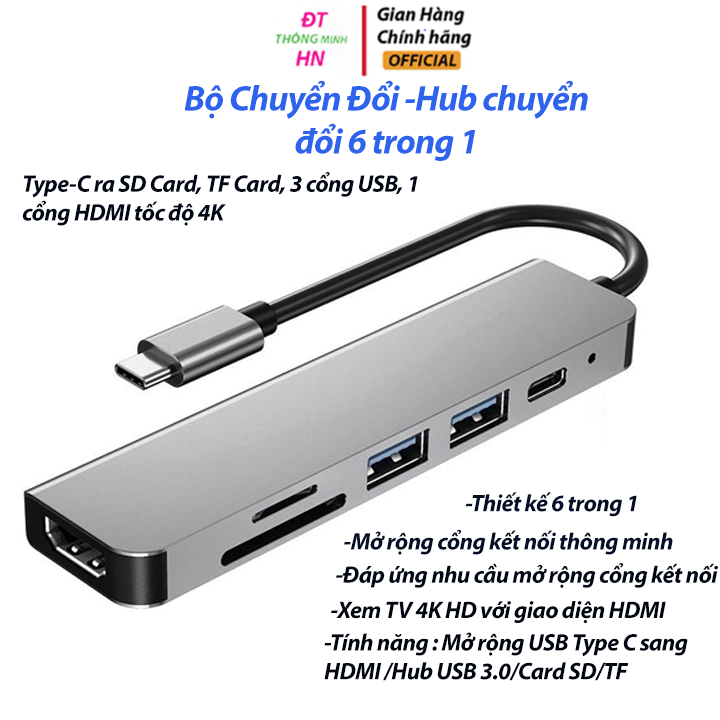 Bộ Chuyển Đổi 6 Trong 1 đa năng cổng chuyển đổi chia cổng USB 3.0 tốc độ 500Mb/s SD, TF, 4K,HDMI cho MacBook lap