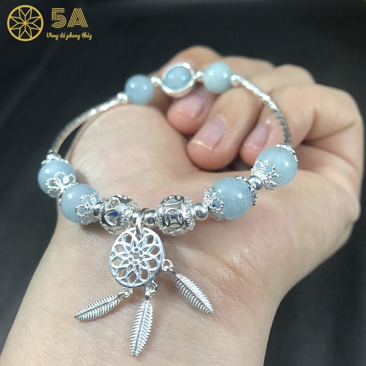 Vòng tay đá aquamarine mix dreamcatcher phù hợp làm quà tặng