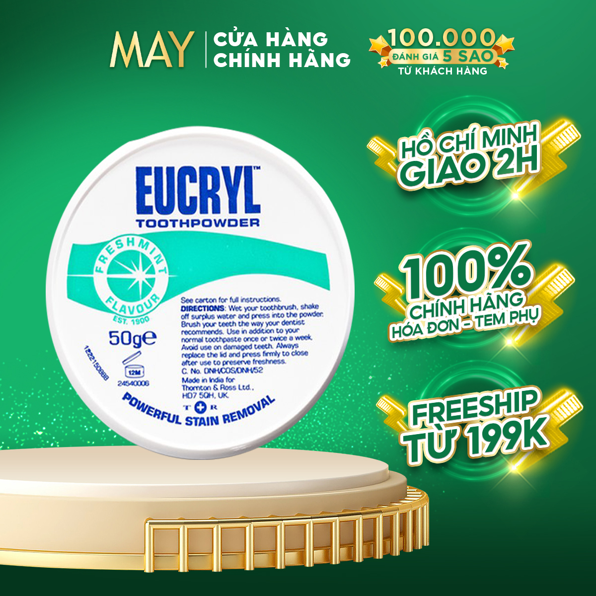Bột đánh răng bạc hà giúp sạch miệng trắng răng, hơi thở thơm mát eucryl toothpower 50g
