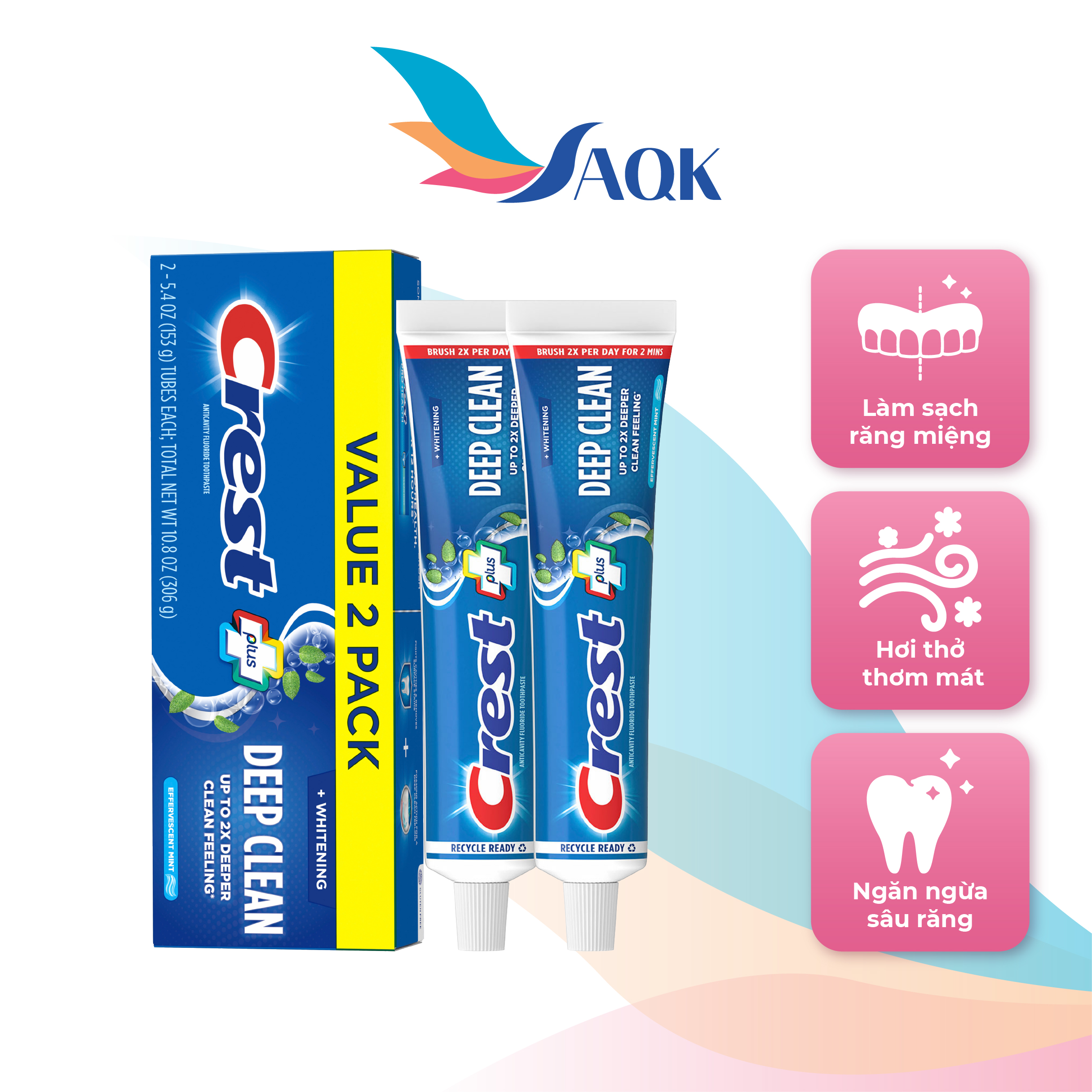 Combo kem đánh răng Crest Plus (153g x 2) - Làm sạch răng miệng, hỗ trợ bảo vệ men răng và giữ hơi thở thơm mát dài lâu