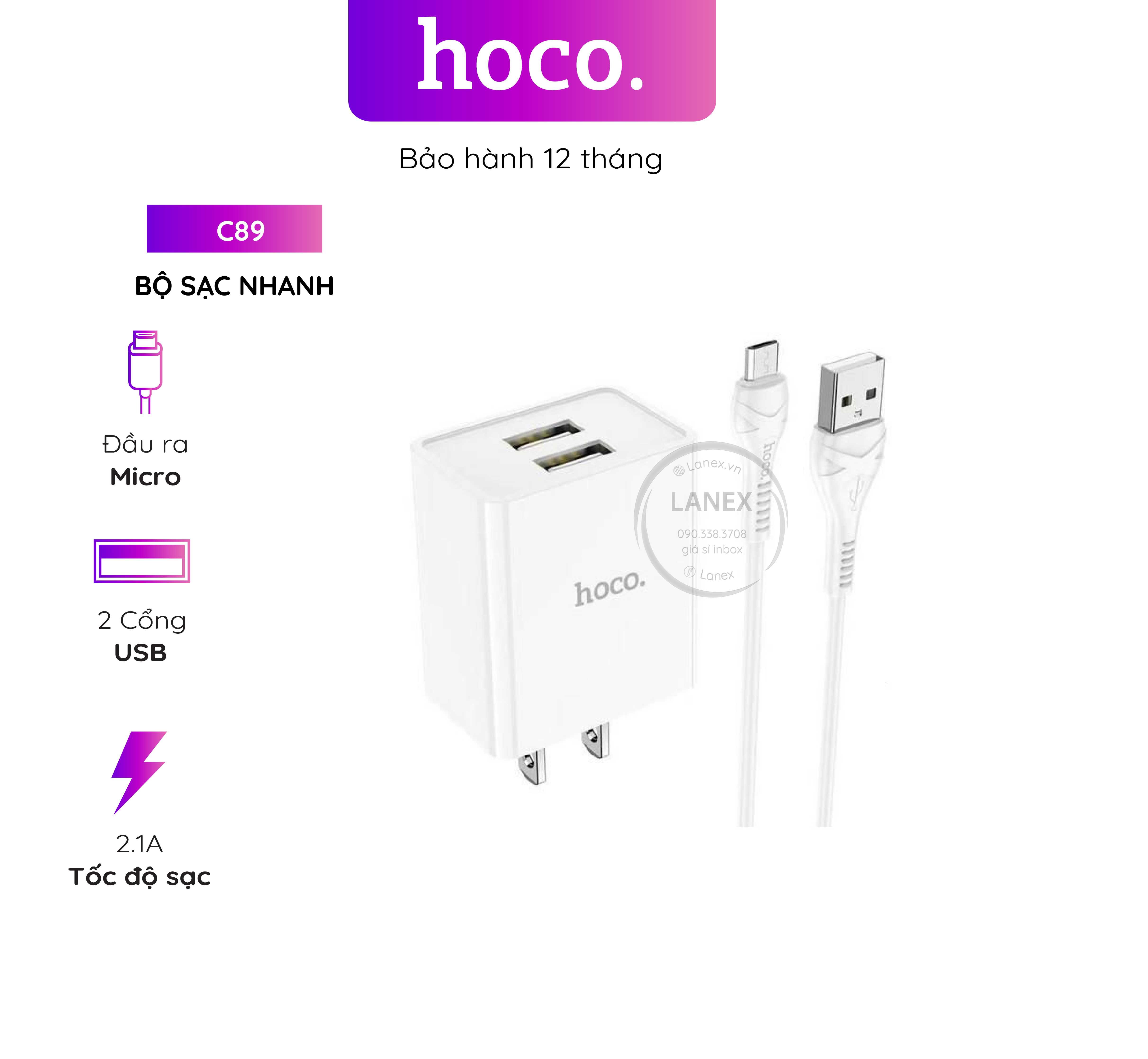 Bộ sạc nhanh hoco c89 2 cổng usb micro 2.1a dài 1.0m
