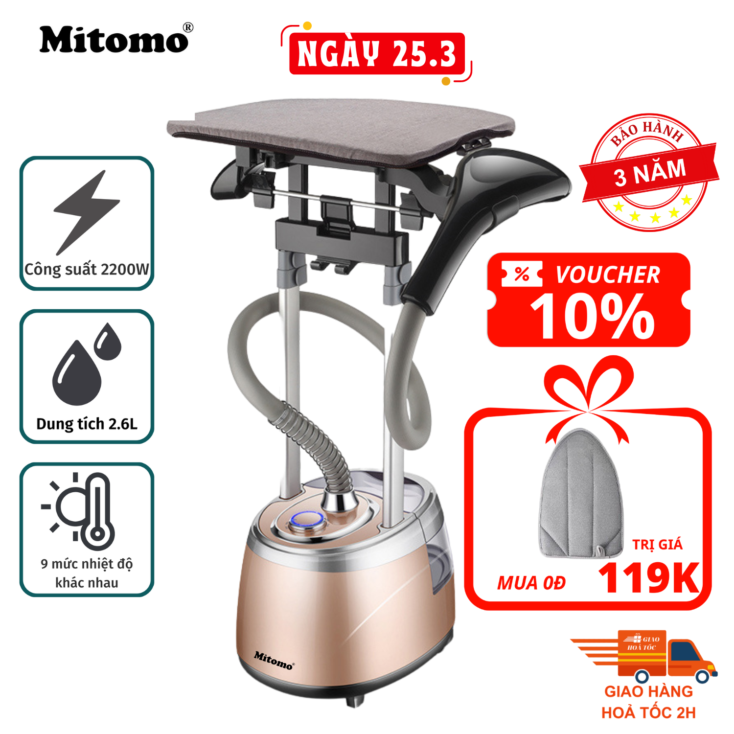 Bàn ủi hơi nước đứng Mitomo GC-559 Công suất 2200W BH 3 năm