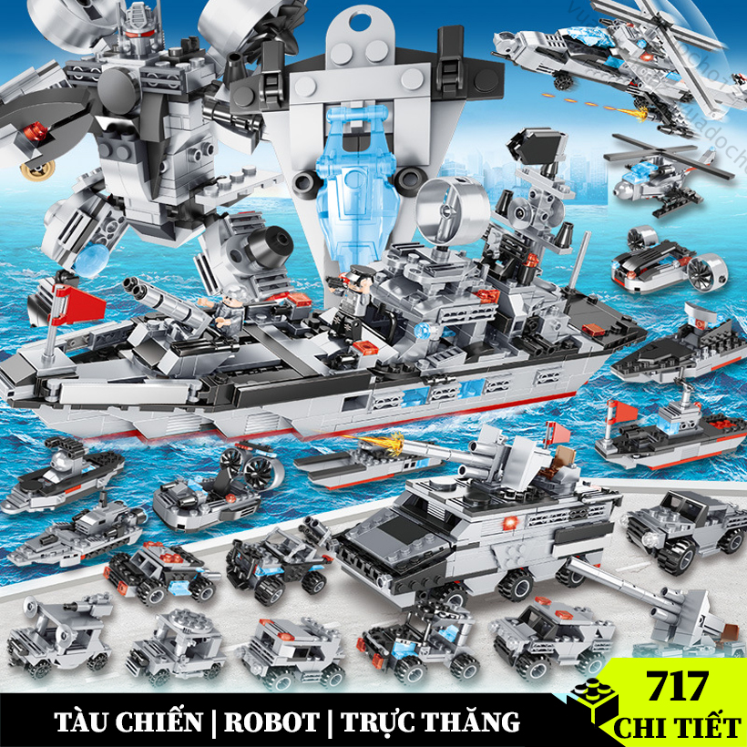 Đồ chơi lắp ráp tàu chiến 717 chi tiết, mô hình lắp ráo tàu chiến hạm, mô hình robot, máy bay gồm 28 cách chơi