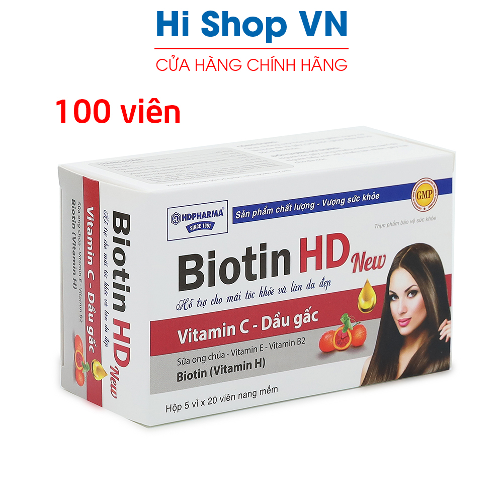 Viên uống đẹp da Biotin HD New giúp mái tóc khỏe, sáng da, giảm rụng tóc, chống lão hóa - Hộp 100 viên