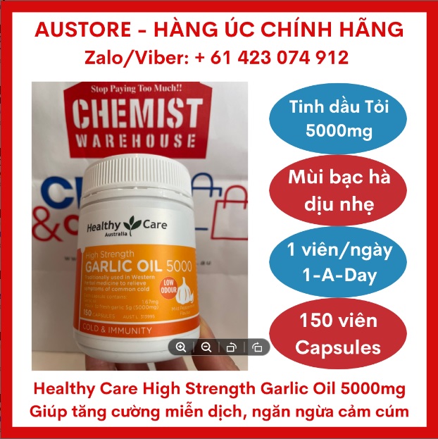 [Bill Úc, Date mới] Healthy Care High Strength Garlic Oil 5000mg 150 Capsules - Tinh dầu tỏi hàm lượng cao giúp tăng cường bồi bổ & phục hồi sức khỏe cho mọi lứa tuổi