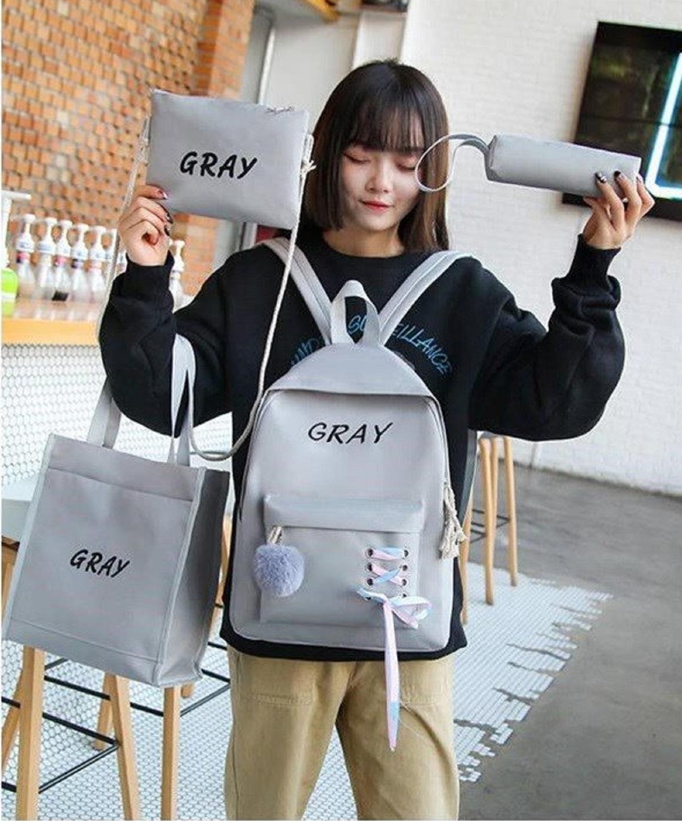 Set Balo nữ thời trang 4 món theo màu - Balo sinh viên học sinh dây giày - Set balo nữ tặng kèm quả bông