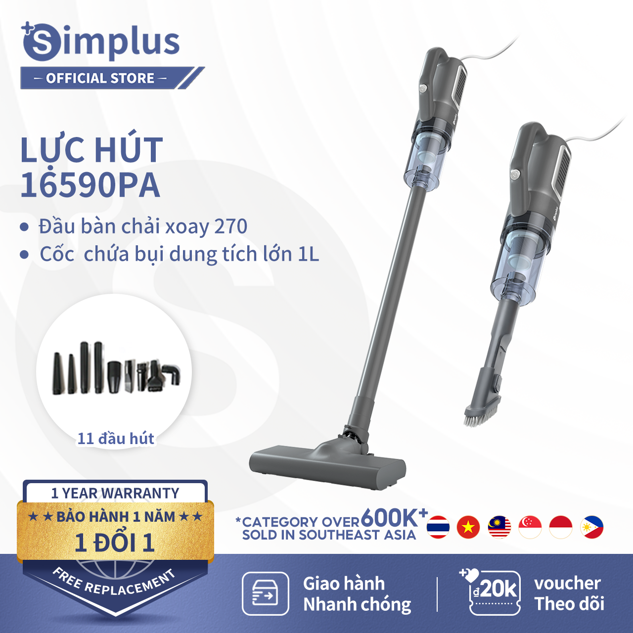 Máy hút bụi gia đình Simplus máy hút đa năng có dây lực hút mạnh 16000Pa dễ dàng hút lông thú cưng, nhỏ gọn, tiện lợi, hạn chế tiếng ồn,, hút bụi sàn, hút bụi giường, hút bụi rèm