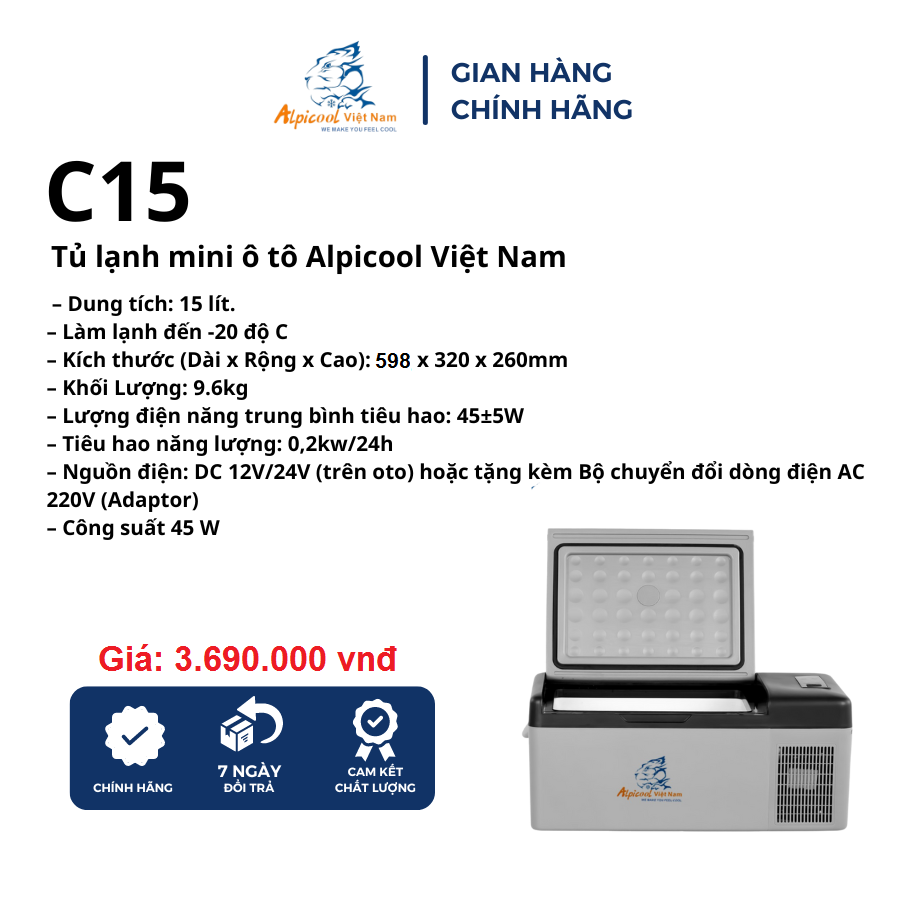Chính hãng - Tủ lạnh mini ô tô Alpicool Việt Nam C15- làm đá, trữ sữa