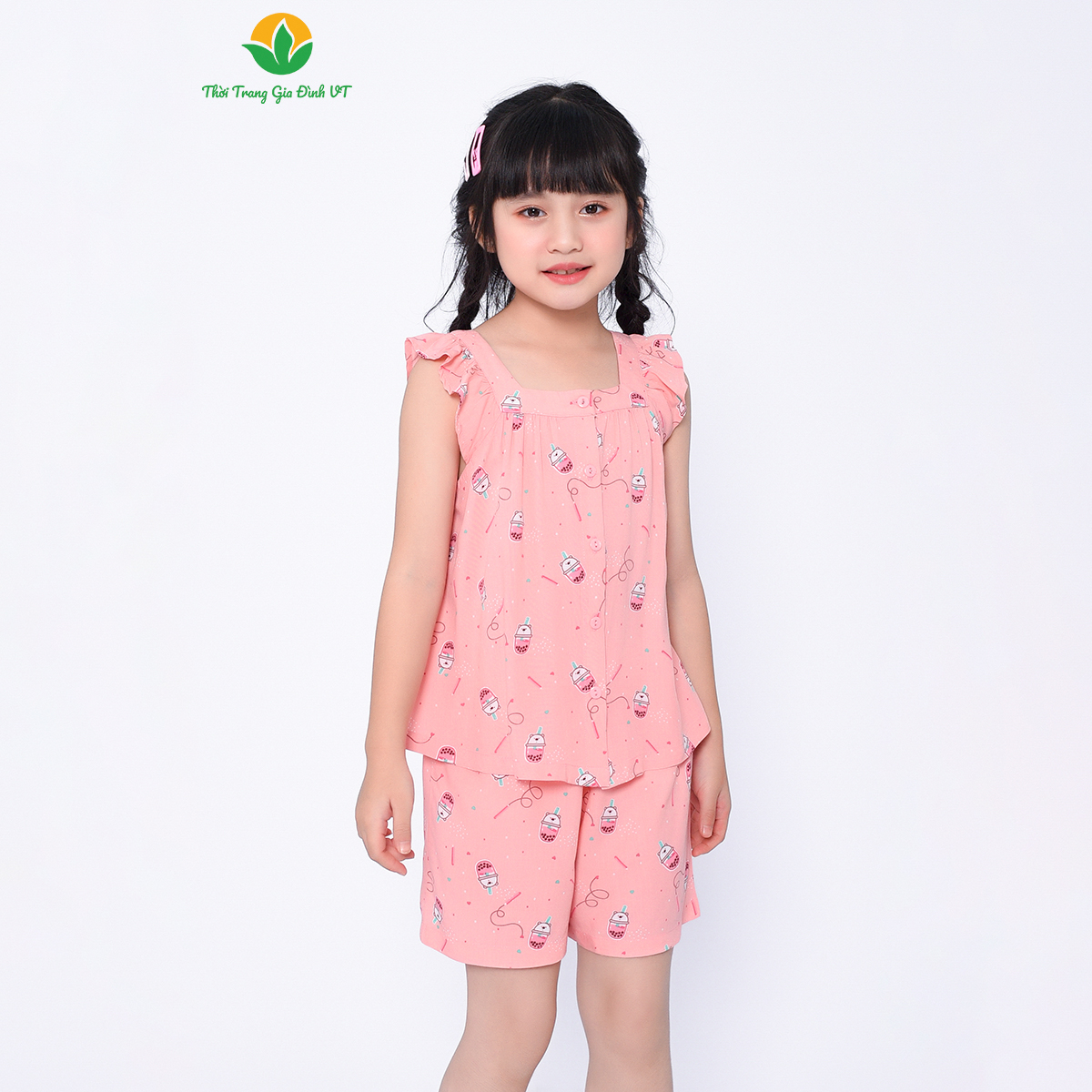 Bộ mặc nhà quần đùi áo cộc tay bé gái Việt Thắng chất lanh họa tiết - B62.2308