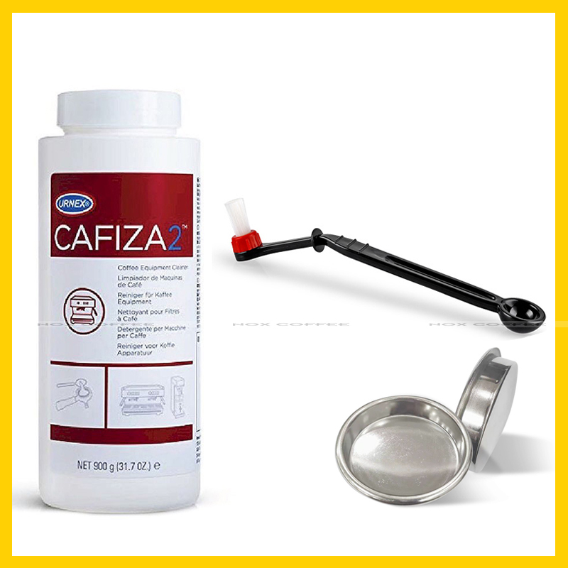 Combo vệ sinh máy pha cà phê espresso | Bột Cafiza 2 + Phin mù + Chổi