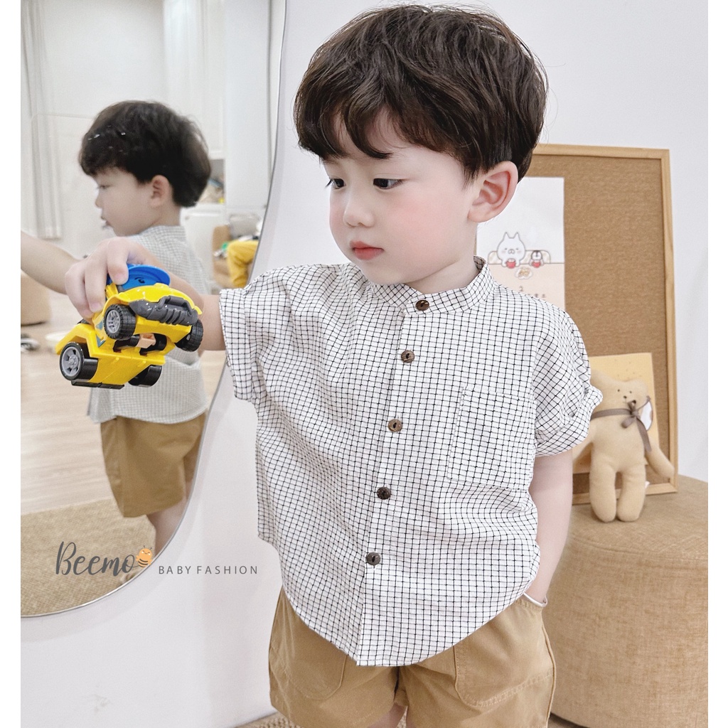 Áo sơ mi kẻ cộc tay cổ tàu Beemo cho bé trai, Áo sơ mi phong cách Hàn Quốc cho bé