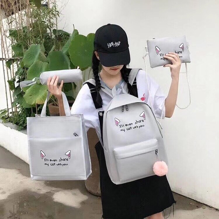 Combo 4 món balo túi ví học sinh chất vải canvas in hình dễ thương