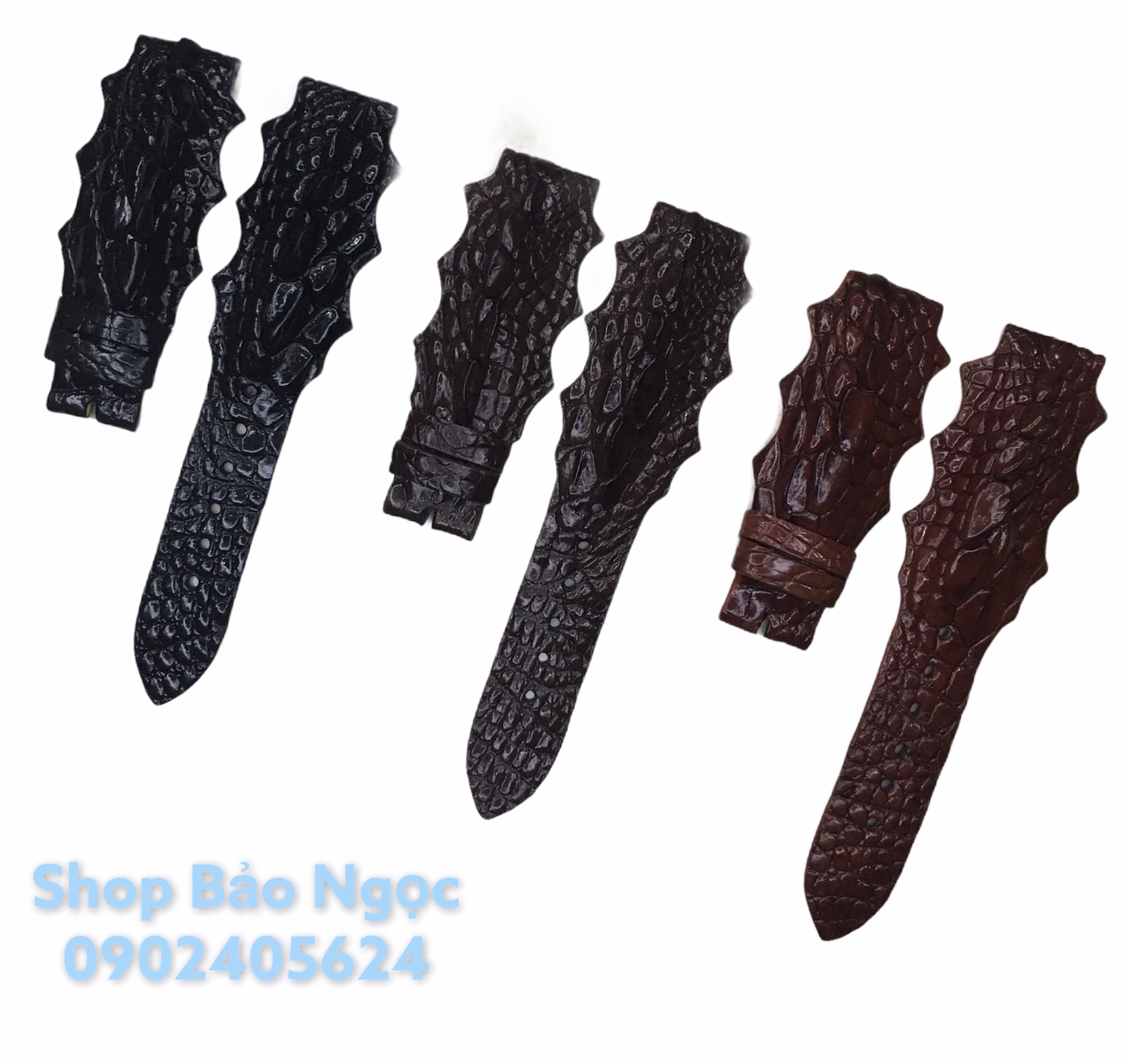 Dây đồng hồ da cá sấu thật màu đen nâu đất nâu đỏ size 18-20-22mm