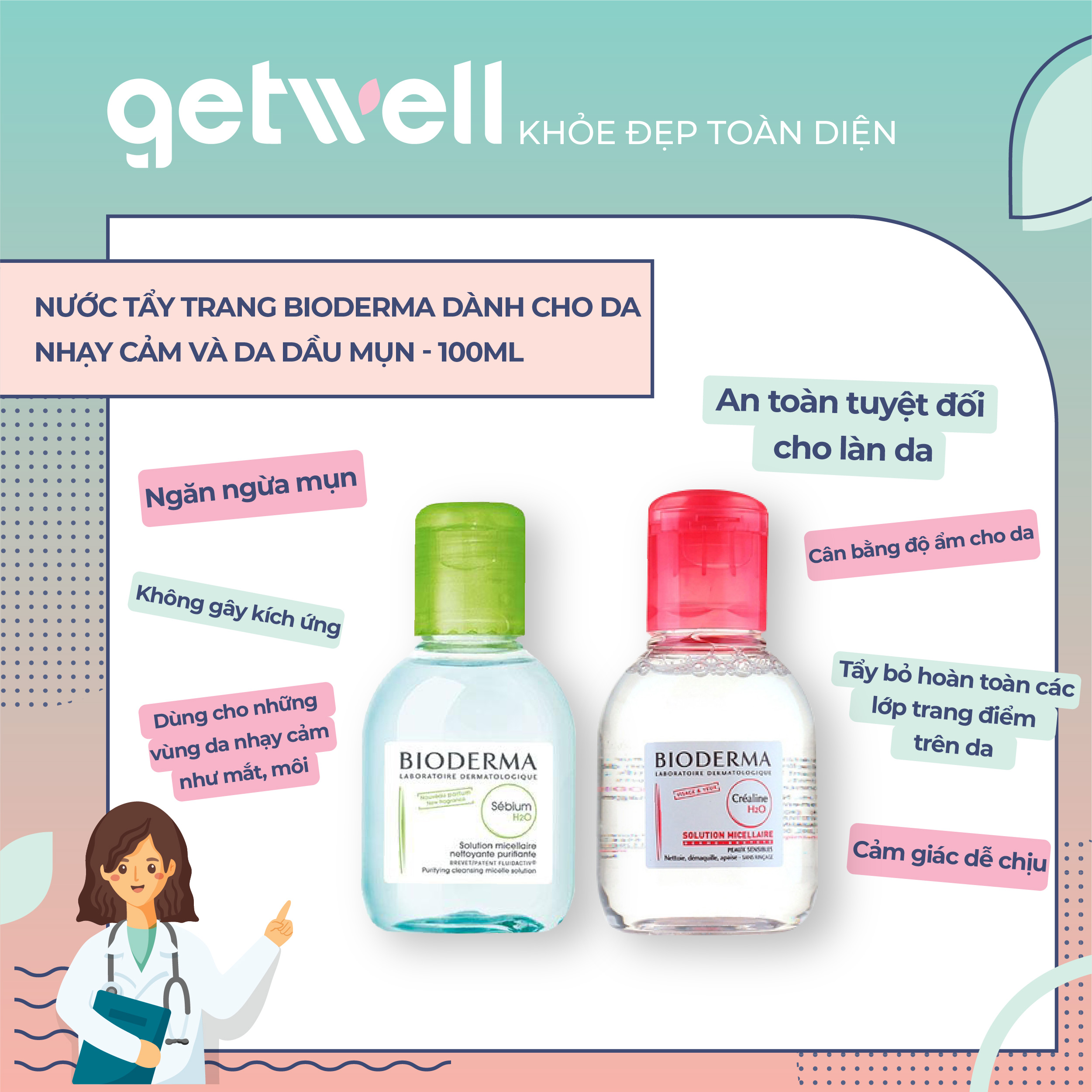 100ML DUNG DỊCH LÀM SẠCH VÀ TẨY TRANG CÔNG NGHỆ MICELLAR BIODERMA CRÉALINE SESIBIO H2O SEBIUM H2O DÀNH CHO DA NHẠY CẢM VÀ DA DẦU MỤN