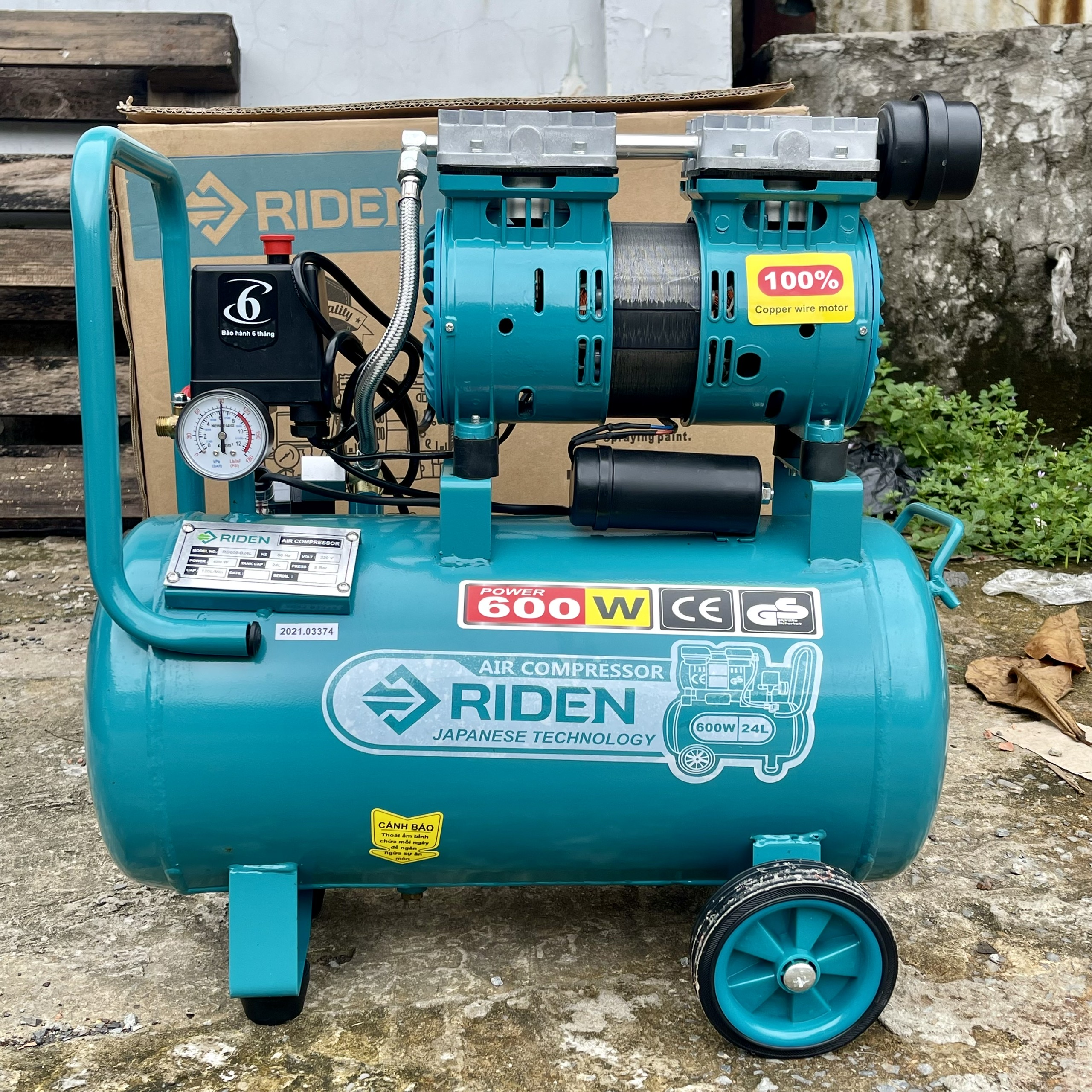 Máy Nén Khí 12 Lít Chạy Khô RIDEN RD600-A12L - 24 Lít RD600-B24L - lên hơi nhanh đầy bình 12L chưa đầy 1Phút