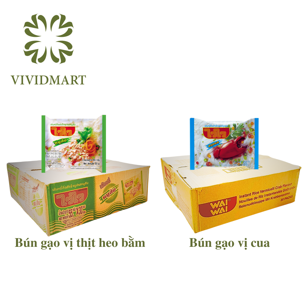 WAI WAI RICE VERMICELLI INSTANT NOODLES 2 FLAVOURS MINCED PORK AND CRAB