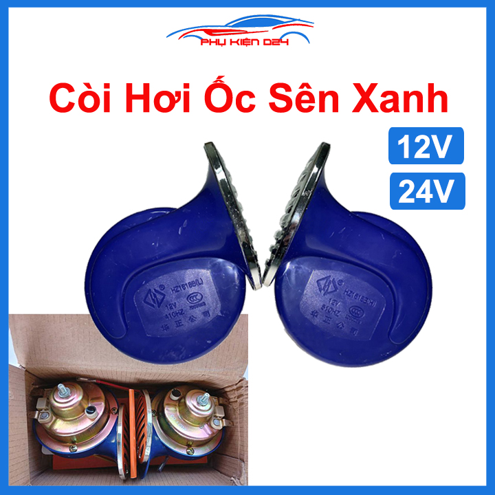 Bộ 2 còi hơi ốc sên 12V   24V màu xanh dùng cho ô tô xe máy chịu nước tốt độ bền cao 