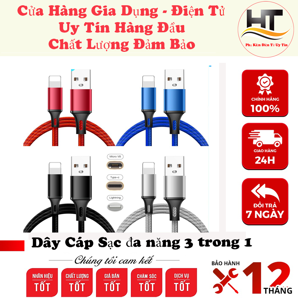 Dây cáp sạc đa năng 3 trong 1 hỗ trợ 3 đầu lightning - micro usb - type c, dây sạc 3 trong 1 dây sạc 3 đầu