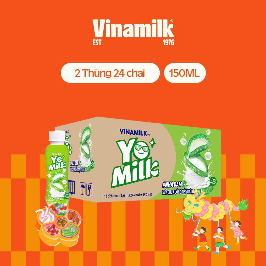 2 Thùng Sữa chua uống Yomilk Nha đam 150ml - 24 chai/Thùng Yogurt