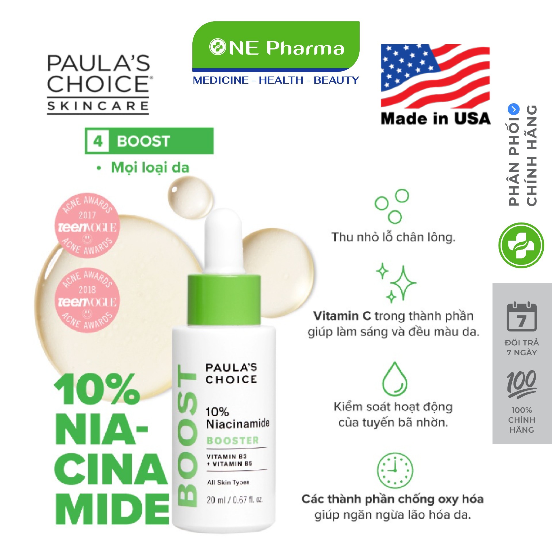 Tinh Chất Paulas Choice Resist 10% Niacinamide Booster ( vitamin B3) se khít lỗ chân lông 20ml