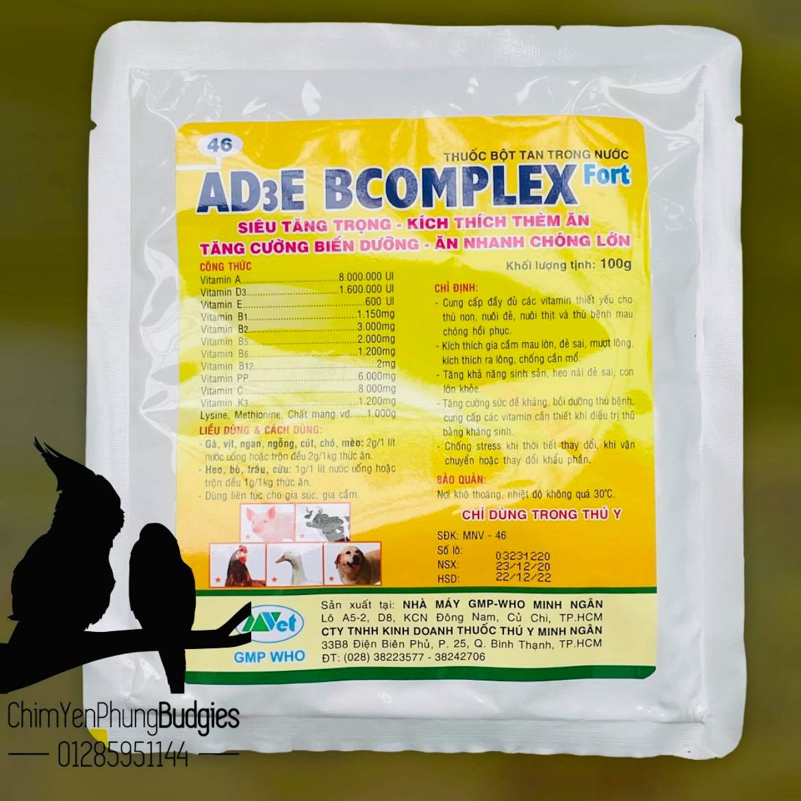 2 gói Vitamin AD3E Bcomplex cho vật nuôi, tăng trọng, kích thích thèm ăn.