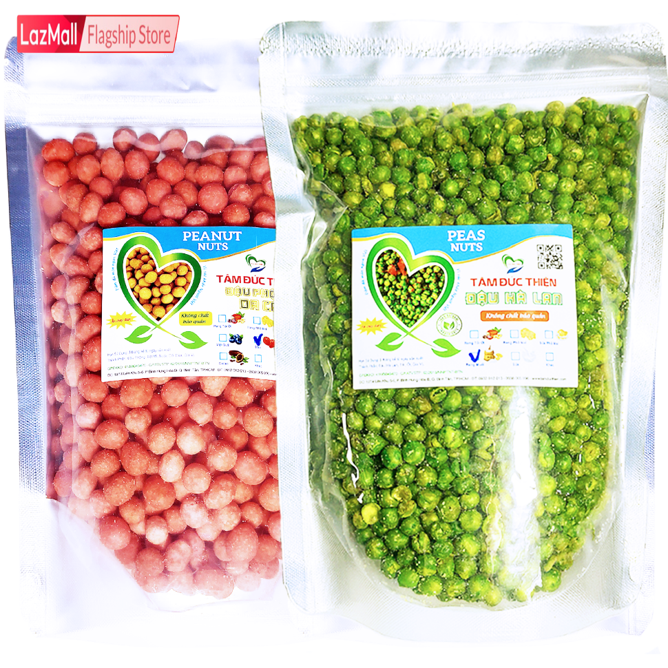 Combo 1KG: Đậu Phộng Da Cá Dâu Tây và Đậu Hà Lan Rang Muối Tâm Đức Thiện 2 x Túi ZIP 500GR Thực Phẩm Đóng Gói Đóng Hộp Ăn Liền đồ ăn vặt Lazada bánh kẹo quà Tết