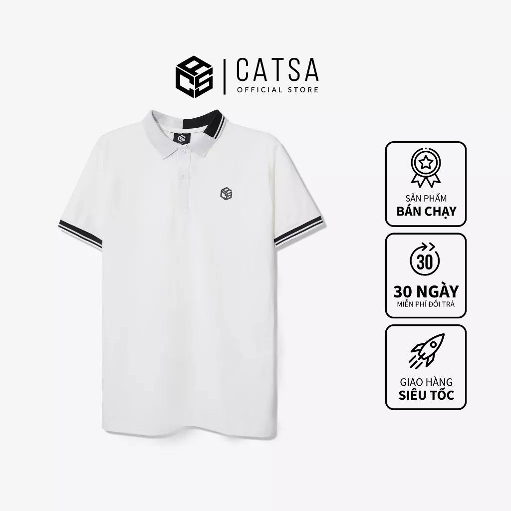 Áo thun polo nam trắng phối cổ bo logo CATSA thun cotton mềm mại thoáng