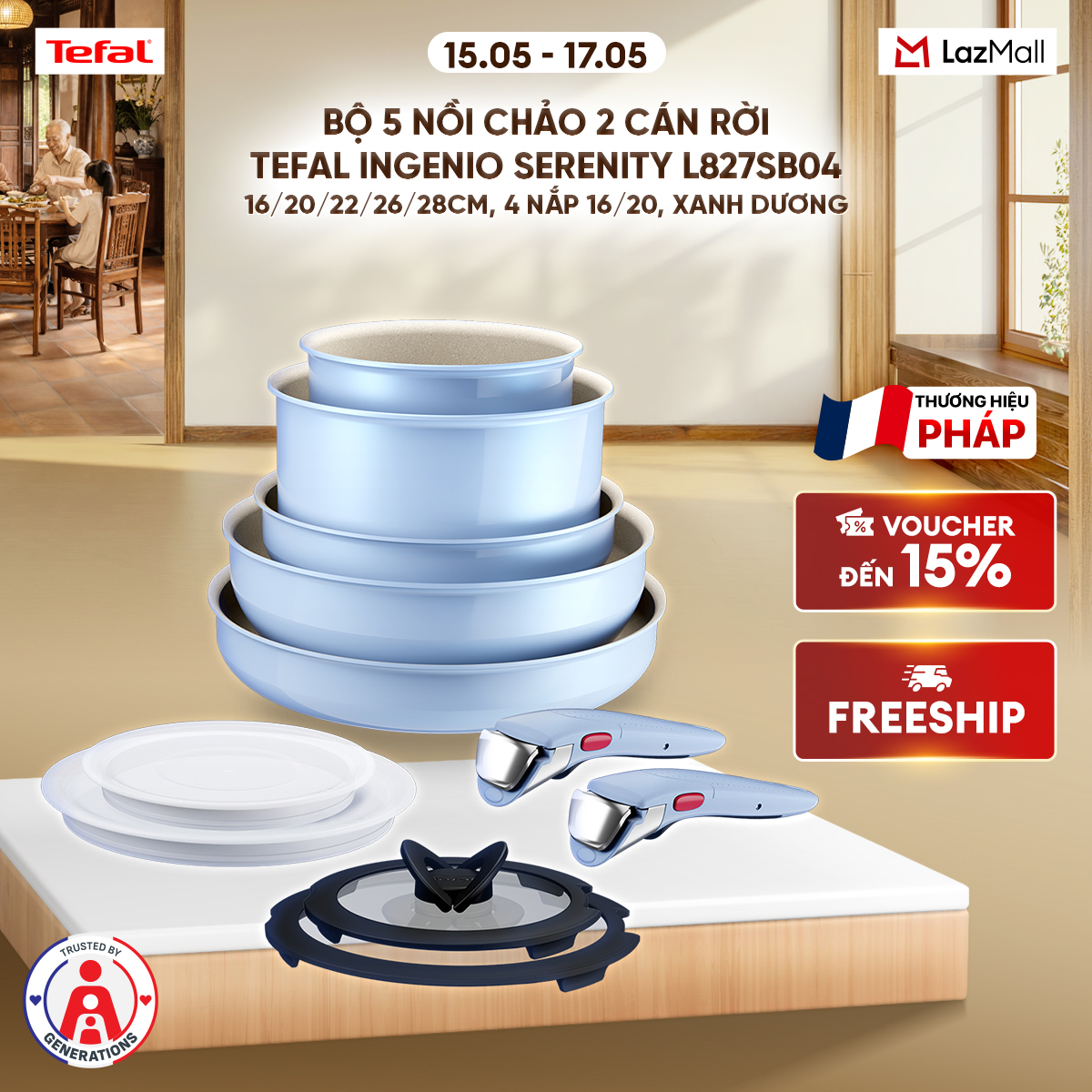 Bộ 5 nồi chảo 2 cán rời Tefal Ingenio Serenity L827SB04, 16/20/22/26/28cm, 4 nắp 16/20, xanh dương pastel
